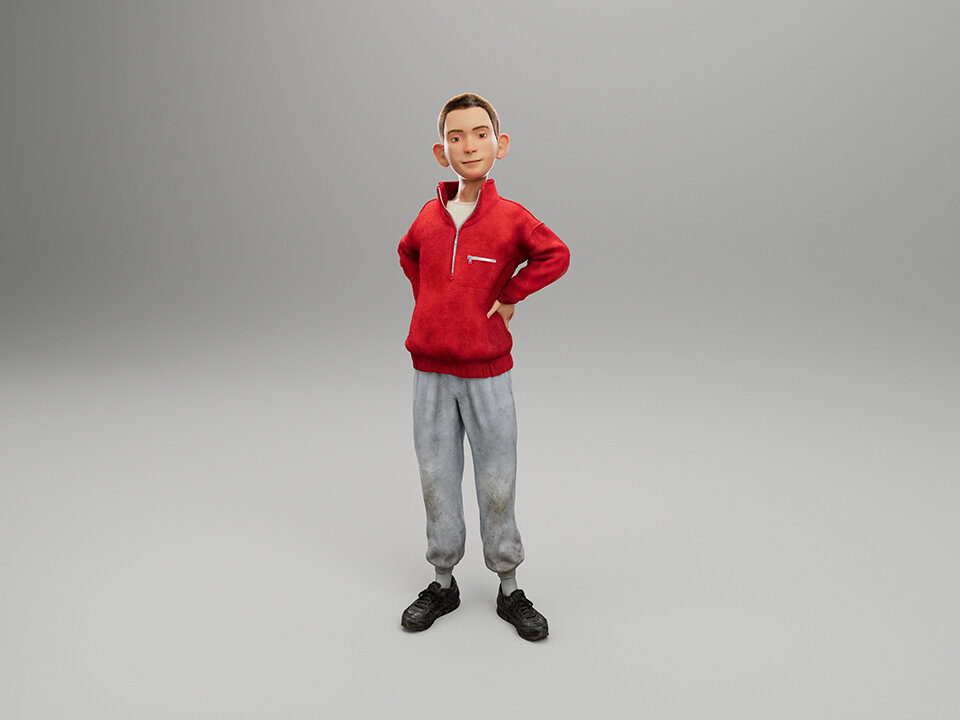 Still from Fritz by Diego Marcon: a 3D-animated boy in a red zip sweater and grey trousers, hand on hip