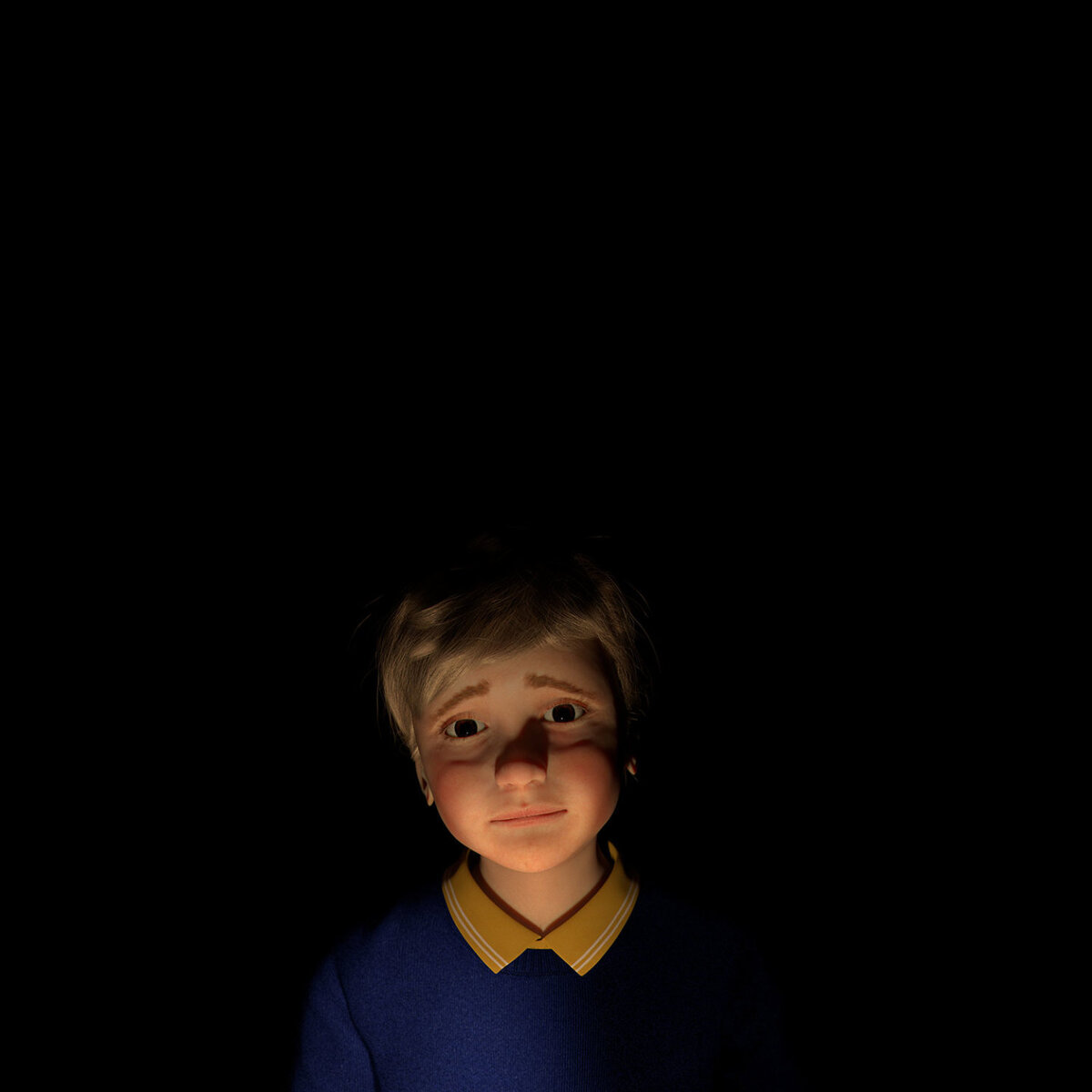 Still from Ludwig by Diego Marcon: a boy lit from above in the dark, wearing a blue sweater with a yellow collar